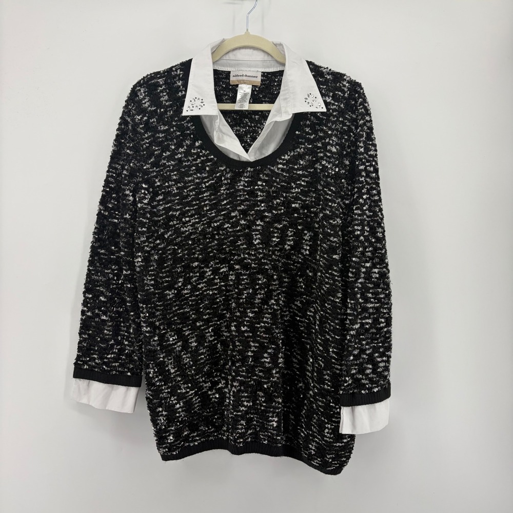 Alfred Dunner Womens 3X Black Layered Look Popcorn Knit Sweater Eyelet Collar